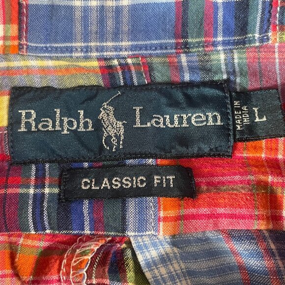 Ralph Lauren Madras Plaid Shirt Classic Fit Patchwork Coastal Summer L - Picture 2 of 10